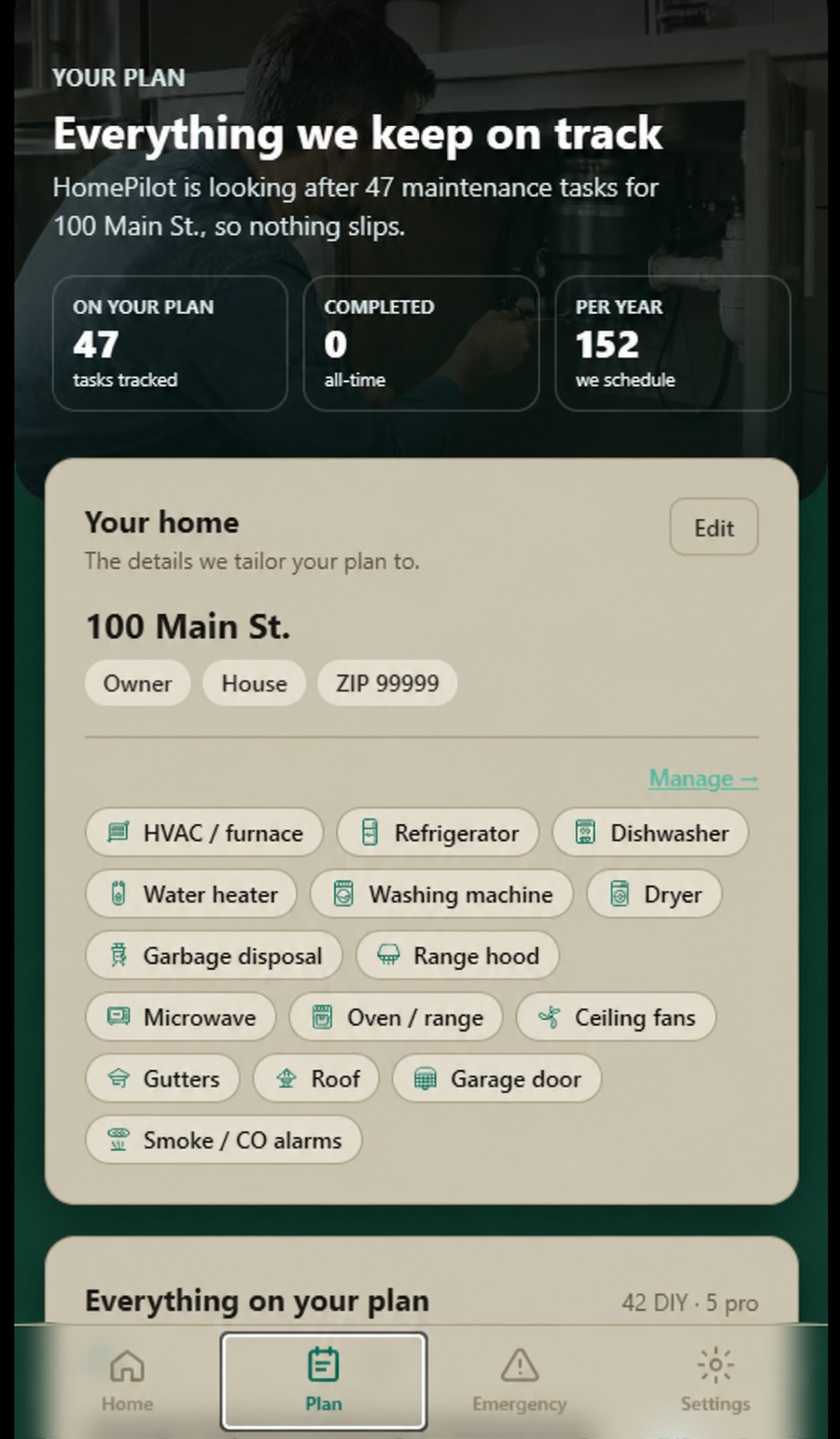 HomePilot maintenance plan showing tracked tasks and the appliances they are built from