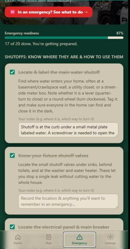 HomePilot emergency readiness checklist for locating and labelling shutoffs