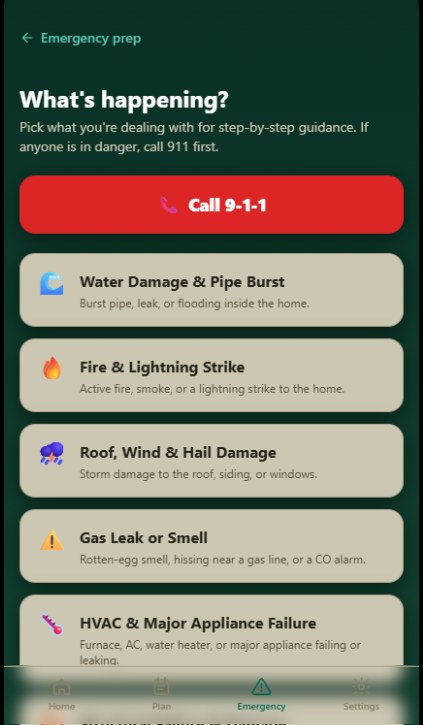 HomePilot emergency picker listing water damage, fire, storm, gas leak and appliance failure