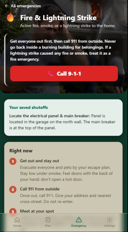 HomePilot step-by-step emergency guidance with the user's saved shutoff notes