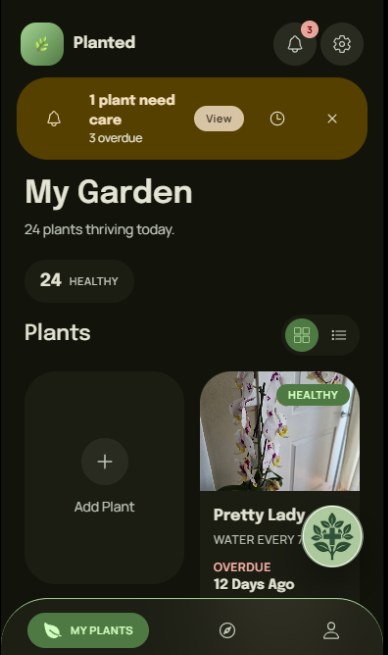 Planted My Garden screen listing plants and flagging one that needs care