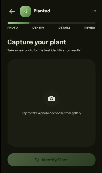 Planted add-a-plant flow starting with a photo for identification