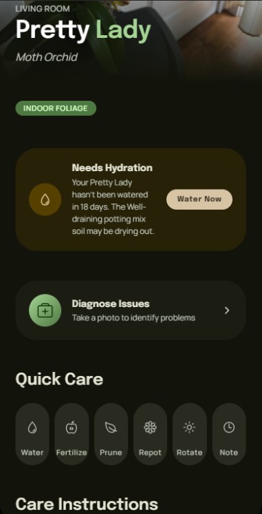 Planted plant profile showing hydration status, quick care actions and diagnosis