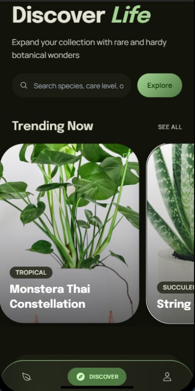 Planted discover screen with trending and rare species to add