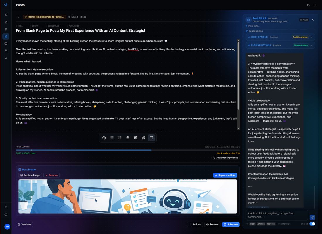 PostPilot post editor with the AI assistant panel open