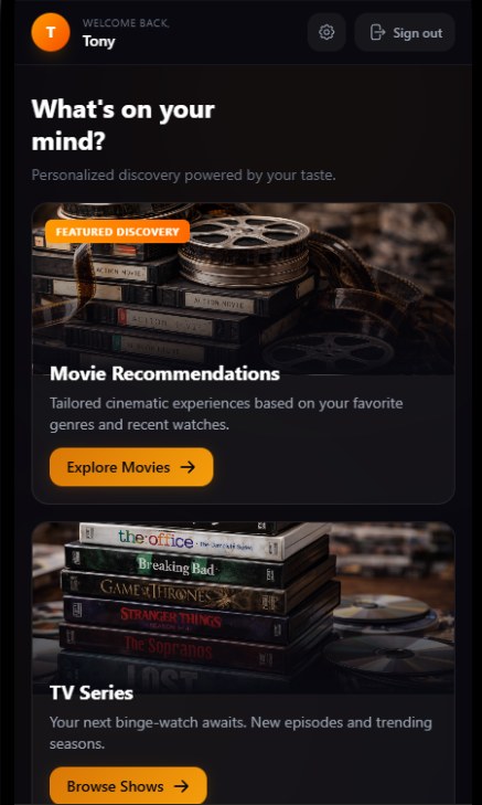 What2Watch home screen offering movie recommendations and TV series discovery