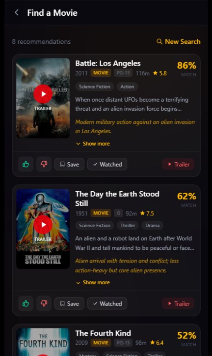 What2Watch recommendation results with match percentages, ratings and trailers