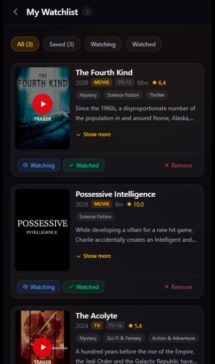 What2Watch watchlist showing saved, watching and watched titles
