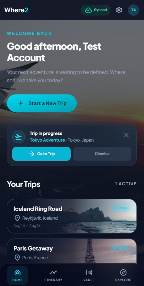 Where2 home screen listing saved trips