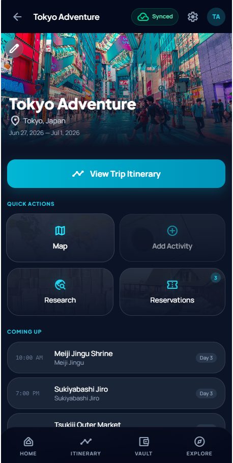 Where2 trip page for a Tokyo trip, with map, research, and reservations