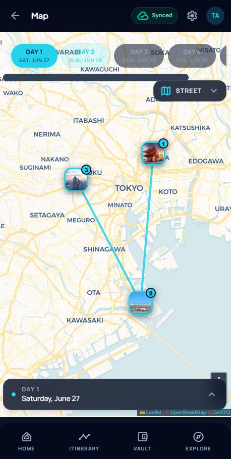 Where2 map view showing a day's stops numbered and connected